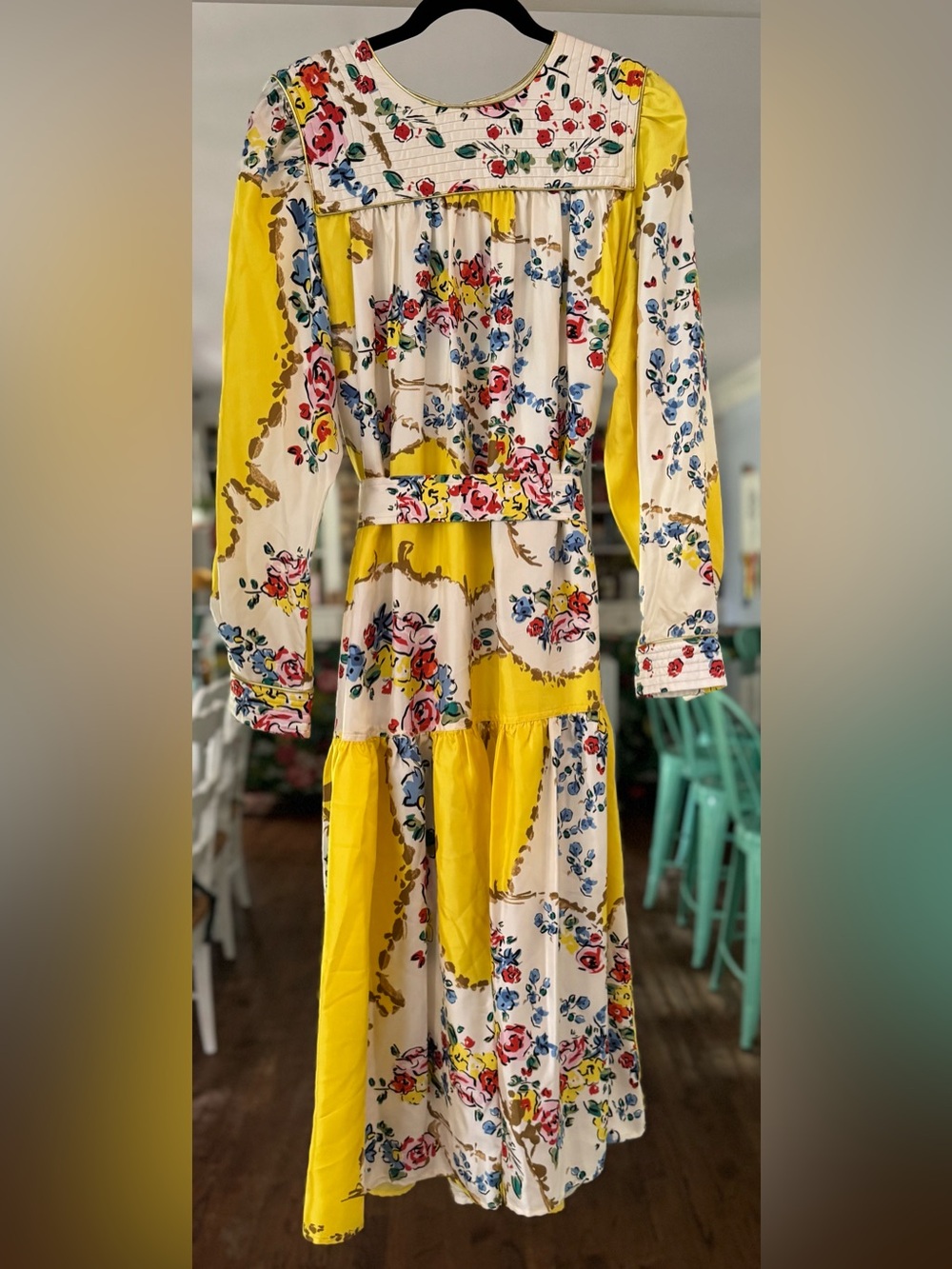 Tory Burch Silk Quilted Yoke Midi Dress Yellow Porcelain Floral Long Sleeve